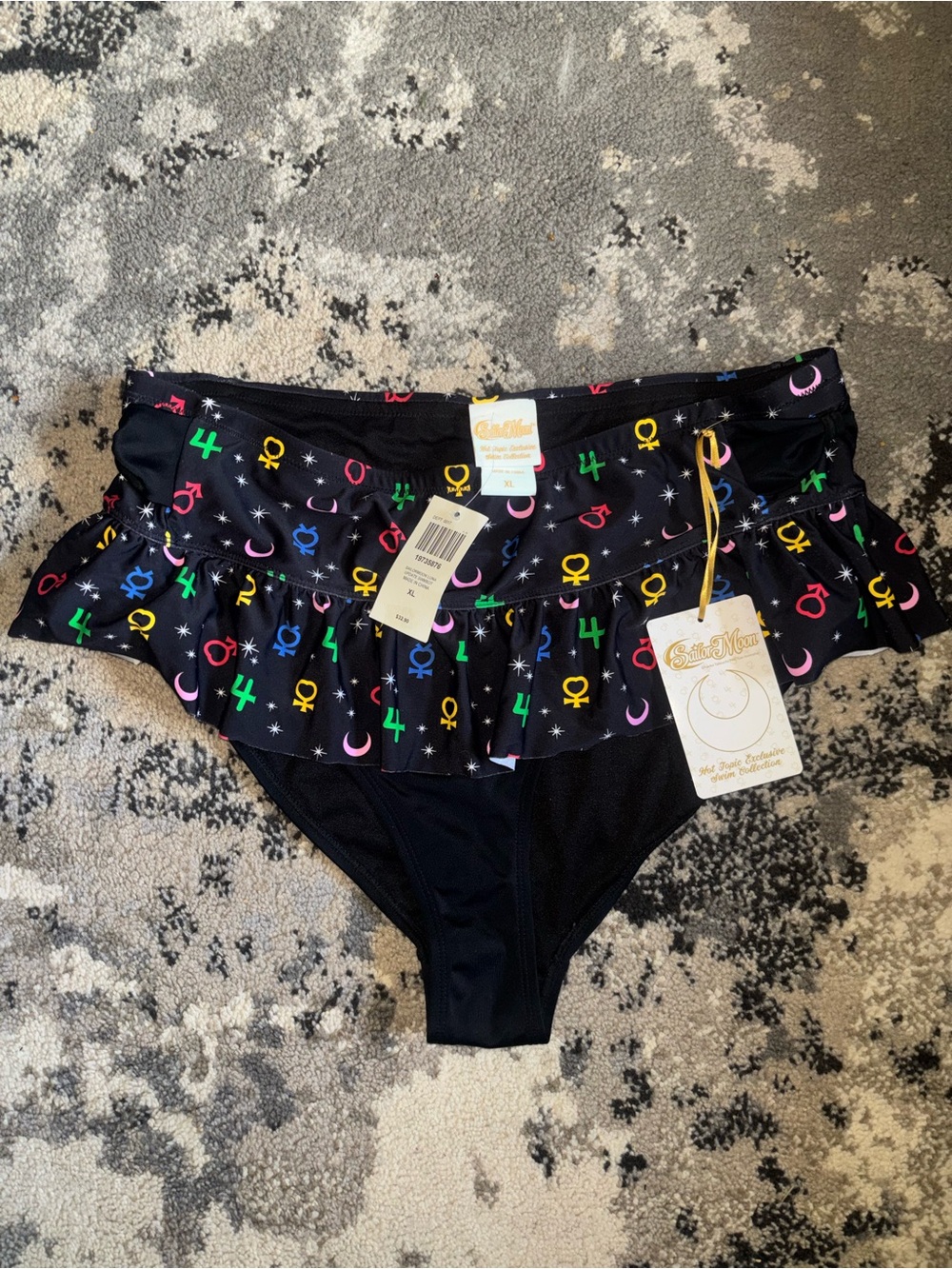 Hot Topic Sailor Moon Black Bikini Bottom with Multicolor Symbol Print & Ruffle